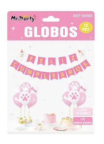 Set de globos látex y guirnalda con perro rosado 13pcs