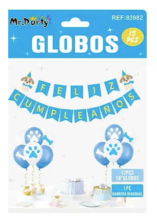 Set de globos látex y guirnalda con perro rosado 13pcs